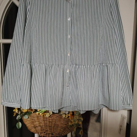 New Zac & Rachel White Lily Pad Striped Peplum  Button Down Shirt Women's XL - Picture 2 of 2